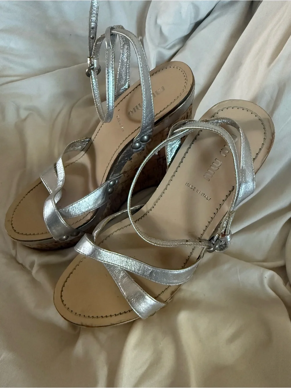 Silver Metallic Cork Wedge Sandals with Ankle Strap
